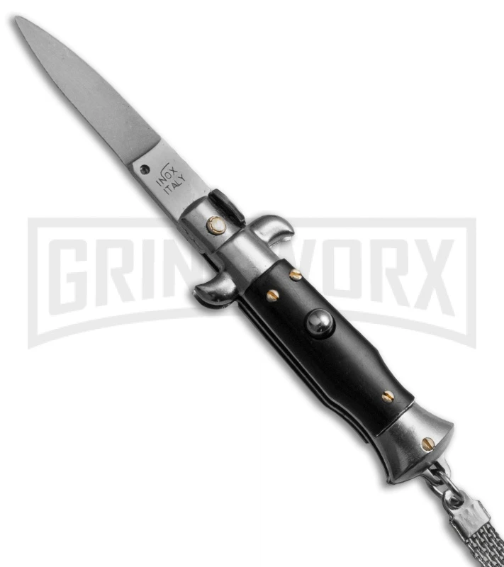 SKM 4" Italian Stiletto Black Automatic Knife Keychain - Flat Grind 3 SKM 4" Italian Stiletto Black Automatic Knife Keychain - Flat Grind