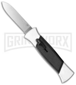 AKC 777 Blackfinger White/Black OTF Automatic Knife - Flat Grind Satin Plain