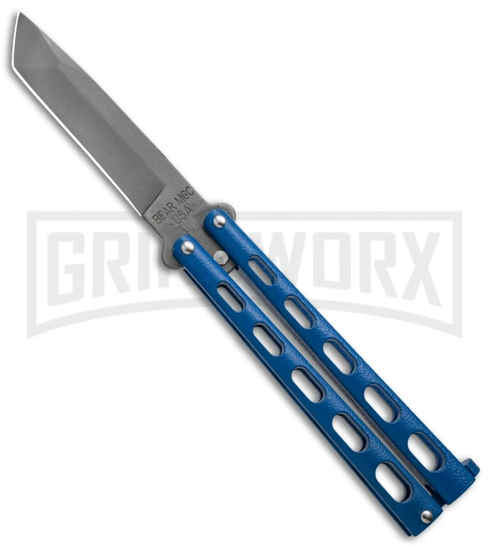 Bear And Son Knives 114 Blue Tanto Balisong Butterfly Knife - Bead Blast Plain 3 Bear And Son Knives 114 Blue Tanto Balisong Butterfly Knife - Bead Blast Plain