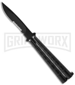 Black Jaguar Balisong Butterfly Knife - Black Serr
