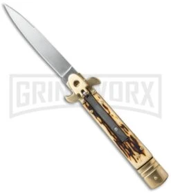 8" Leverlock Stag Horn Automatic Knife - Bayonet