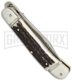 Hubertus 7" Pistol Lever Lock Stag Horn Automatic Knife - Satin Plain -Best Knifes Shop hubertus pistol lever stag horn sat side cm large