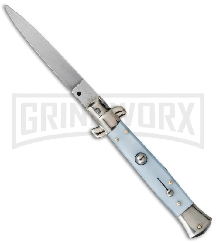 SKM 9" Light Blue Pearlex Automatic Stiletto Knife - Satin Flat 3 SKM 9" Light Blue Pearlex Automatic Stiletto Knife - Satin Flat